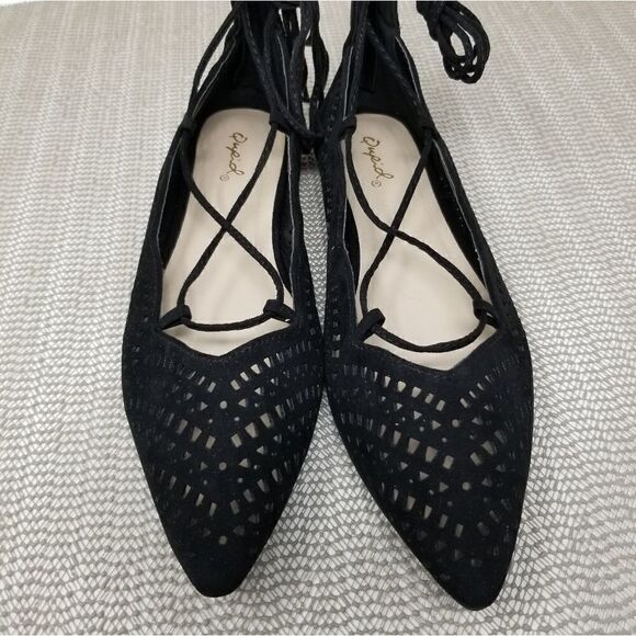 Qupid Black Suede Lace-Up the Ankle Flats - Picture 8 of 8